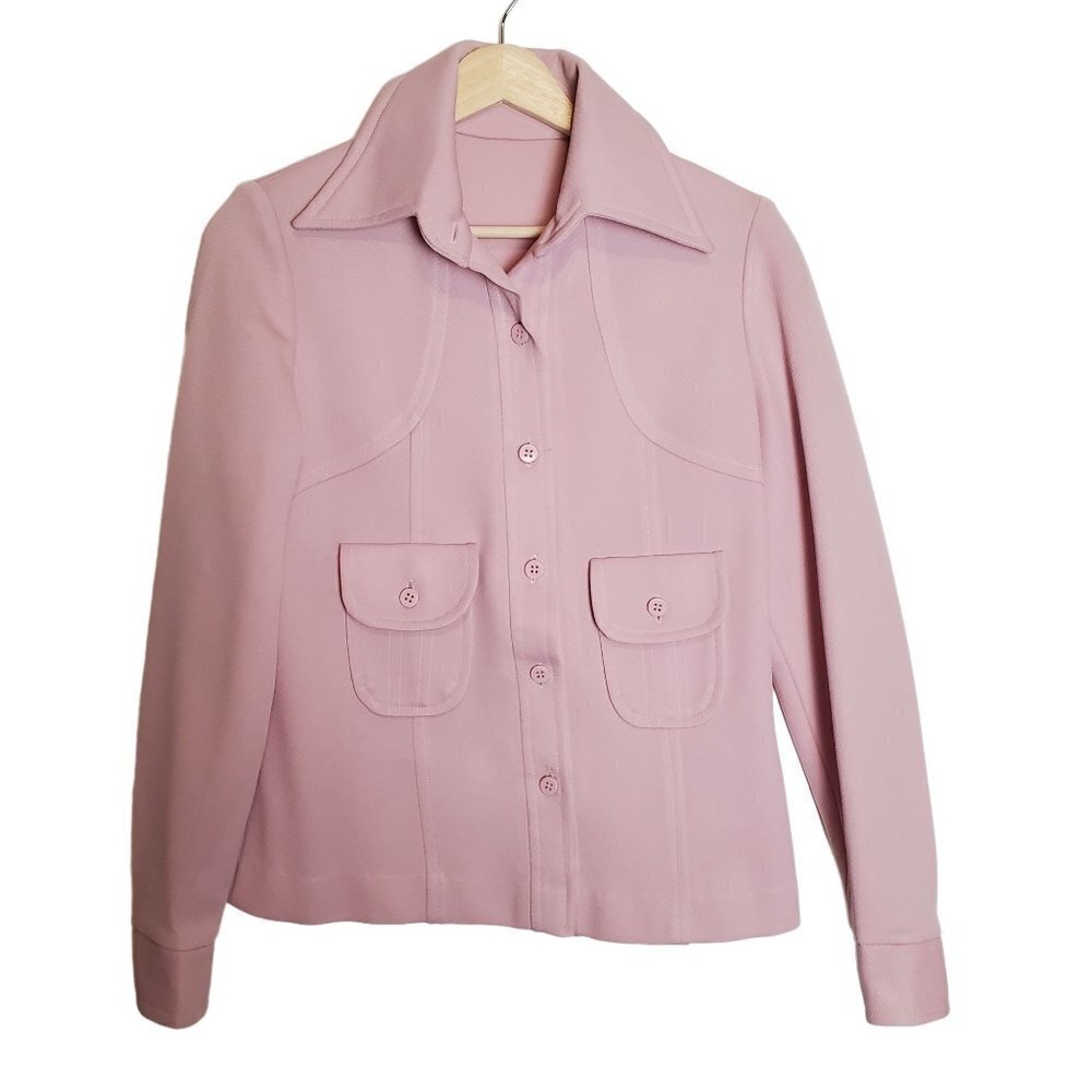 Vintage Small Blush Mauve 70s Shacket Pockets Polyester‎ Unbranded Collar